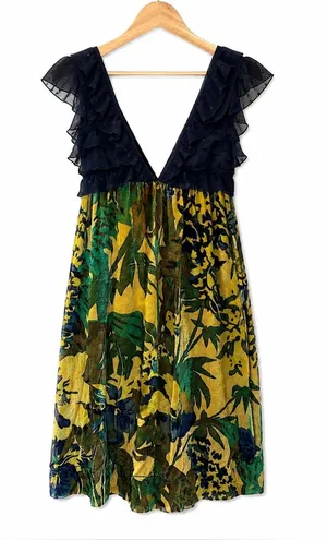Free People Mini Dress XS Blue ruffle plunging neckline velvet burnout babydoll thumbnail 1