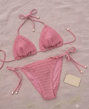 Chelsea & Violet Bikini Set Women S/M Pink Crochet Boho‎ Triangle Side Tie Swim thumbnail 1
