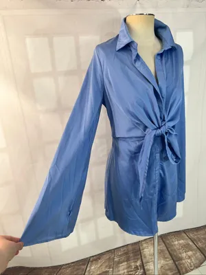 Hello Molly Blue New Perspective Satin Long Sleeve Mini Shirt Dress Size Medium thumbnail 2