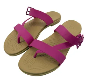 Crocs Tulum Toe Post Sandal Flip Flop Fuchsia Pink Tan Women 8 Buckle Straps thumbnail 1