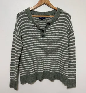 American Eagle Striped Sweater Size Small Oversized Henley Green White Knit thumbnail 2