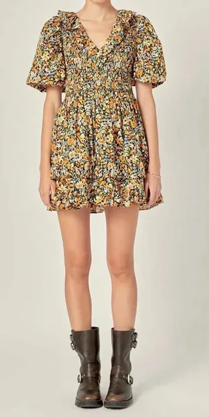 English Factory plunge V smocked floral mini dress XS thumbnail 1