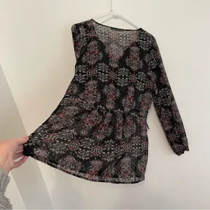 MAURICES Black Geometric Swiss Dot Crochet Lace Up Long Sleeve Peasant Top Tunic thumbnail 16