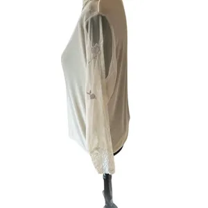 Sheer Lace High Neck Blouse Ivory Embroidered Korea Vintage Style Medium thumbnail 4