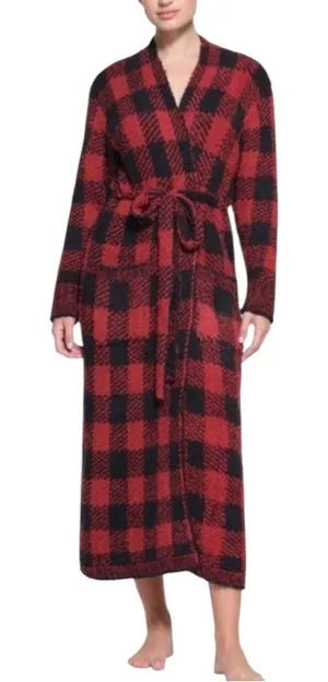 NWT SKIMS Knit Unisex Belted Robe Brick Buffalo Plaid Red Black Size S/M thumbnail 1