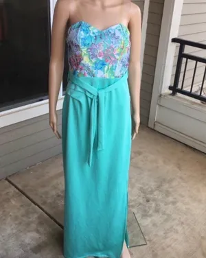 Strapless Aqua Maxi Dress with Floral Bodice thumbnail 2
