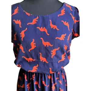 Peach Love California Dinosaur Print Dress Small Navy Orange Puff Sleeve Mini thumbnail 5