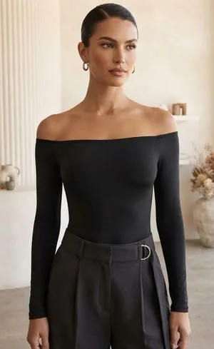 Express Off-the-Shoulder Long Sleeve Bodysuit in Black thumbnail 1