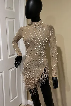 Rhinestones mini dress long sleeve pearl dress mock neck dress fringe feathers dress Sequin Dress thumbnail 9