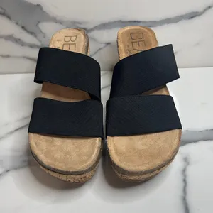 Beach by Matisse Wmns Black Strap Cork Wedge Bare All Sandals Sz 8 Beachy Resort thumbnail 2