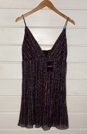 Forever 21 NWT shiny foil rainbow spaghetti strap mini dress thumbnail 1