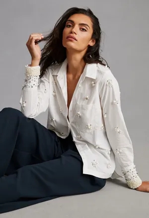 Anthropologie Maeve Pearl Embellished Shirt thumbnail 1