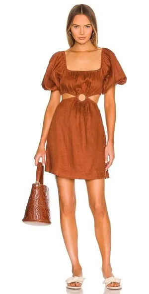 Revolve FAITHFULL THE BRAND‎ Almero Linen Dress Brown Plain Spice Party X-Small thumbnail 1