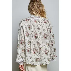 POL Floral Lace Trim Pintuck Button-Down Shirt - Ivory - Large thumbnail 3