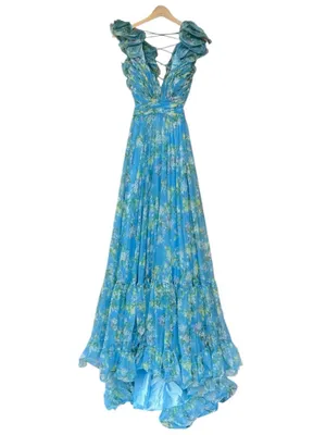 Mac Duggal Blue Ruffle Tiered Floral Cut-Out Chiffon Gown 6 Fairy Whimsy Formal thumbnail 8