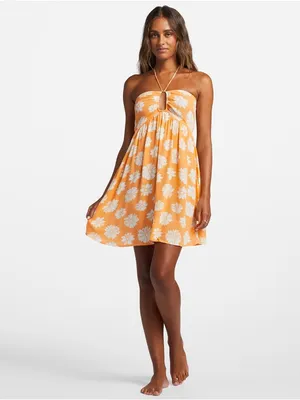 Billabong L Orange Floral Halter Keyhole Beach Mini Dress Resortwear Vacation thumbnail 3