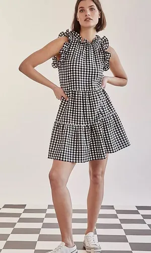 Maeve Lida Ruffled Mini Dress Women XS Black White Gingham Tiered Skirt thumbnail 1