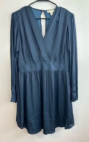 NWT See You Soon Dusty Blue Satin Long Sleeve Mini Dress Medium Anthropolgie thumbnail 1