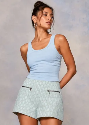 Zara Basic Blue Jacquard Animal Print High Rise Shorts Size Large Zipper Detail thumbnail 1