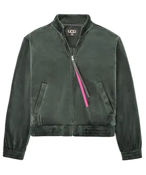 NWT UGG Devaney Bomber Jacket Dark Green Velour Velvet Full Zip Hot Pink thumbnail 1