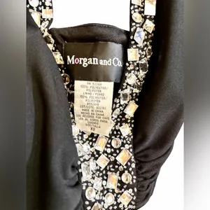 Morgan & Co Y2K Black Embellished Halter Dress with Cinched Gathered Vneck Sz XS thumbnail 5