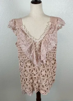 Baby pink BoHo fairycore‎ coquette crochet floral lace tank sweater women’s L￼ thumbnail 1