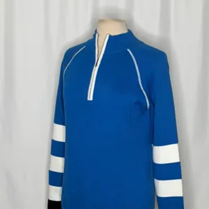 NEVE Quarter Zip Ski Sweater Blue White Striped Black Cuffs 100% Cotton X-Large thumbnail 6