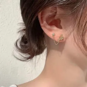 18K Gold Plated Double Pierced Holes Tassel Chain Butterfly Stud Earrings for Women thumbnail 3