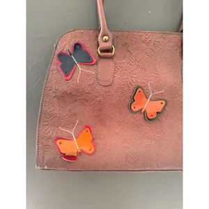 Floral Tooled Leather Satchel Handbag‎ 3D Butterfly Applique Brown Boho Tote thumbnail 3