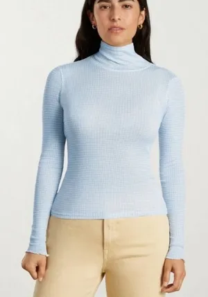 Everlane Blue White Gingham Checkered Long Sleeve Mockneck Top Women’s Medium thumbnail 1