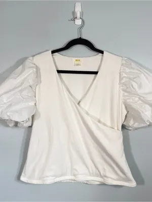 Maeve Anthropologie Puff Sleeve Faux Wrap Surplus Cotton Knit Top White XL thumbnail 2