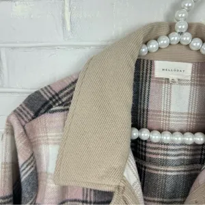 Melloday Pink Brown Plaid Long Line Button Front Shacket Size XL thumbnail 7