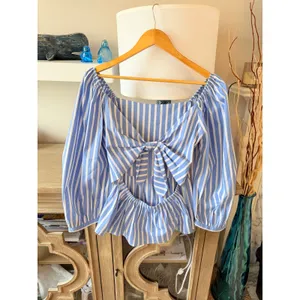 Fifteen Twenty Striped Open Back Bow‎ Peplum Top Womens Blue White Small thumbnail 2