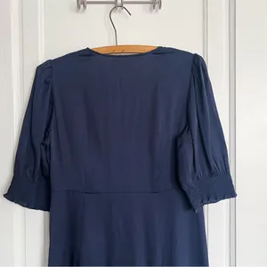 Quince • Washable Stretch Silk Puff Sleeve Mini Dress navy blue v neck thumbnail 11