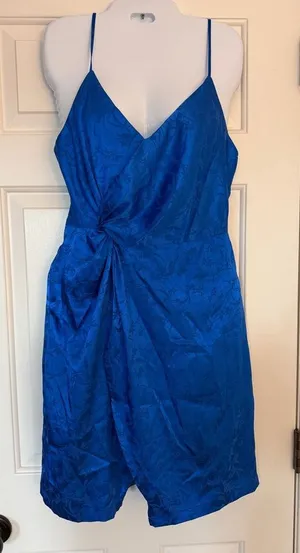 Lulus Blue Satin Floral Jacquard Wrap Dress Size M thumbnail 1
