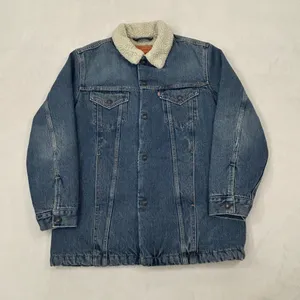 Levi’s Premium Blue Denim Sherpa Snap Button Long Trucker Jean Jacket Unisex S thumbnail 1