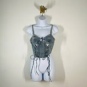PrettyLittleThing Petite denim lace-up corset top thumbnail 2
