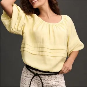 ANTHROPOLOGIE Maeve Short Sleeve Bubble Tiered Top Yellow Off The Shoulder Top L thumbnail 3