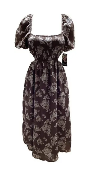Hint Of Blush Size Medium Women’s Brown Floral Dress Puff Sleeve Open Back. New thumbnail 1