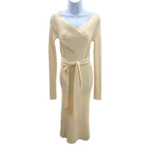 The Line by K Kane Knit Midi Dress Cream M Cutout Back Tied Waist Wrap V Neck thumbnail 4