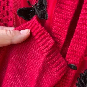 Teddi size XL beaded crocheted button front cardigan. Red thumbnail 8