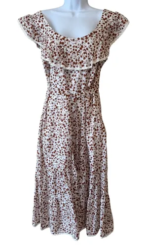 RIXO Floral Midi‎ Dress Cotton Ruffle Neck Tie Waist Cottagecore Women M Tiered thumbnail 1