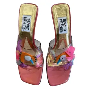 Timothy Hitsman Pink Feather Bird Heels Size 6M Clear Strap Sculptural Y2K Mules thumbnail 3