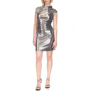 Michael Kors Sequin Dress Womens Size M Silver Ruched Mock Neck Cocktail Party thumbnail 2
