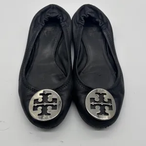 Tory Burch Minnie Travel Ballet Flats Black Leather Silver Logo Medallion thumbnail 2