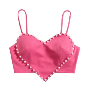 NWT WDIRARA Heart Pearl Crop Top Hot Pink Cami Spaghetti Strap Size Small thumbnail 1