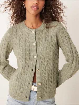 Abercrombie & Fitch Button Up Cable Knit Cardigan Dark Sage Small thumbnail 1