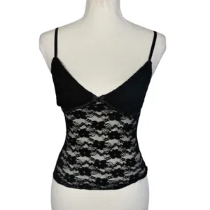 Black Lace Cami Womens XS Floral Sheer Mesh Bow V-Neck Adjustable Y2K Goth Top thumbnail 2