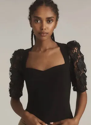 Anthropologie Dolan Black Lace Sleeve Square Neck Women's Top thumbnail 1