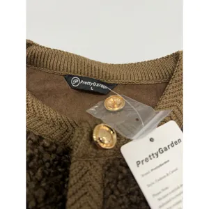 PrettyGarden Brown Sherpa Fleece Cardigan Gold Button Knit Trim Jacket Size L thumbnail 3